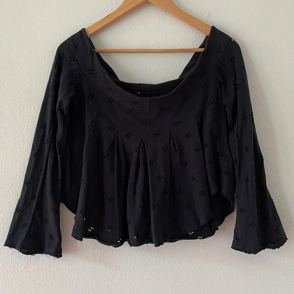 Free People Eyelet Blouse Flare Sleeve Washed Boho Black Medium